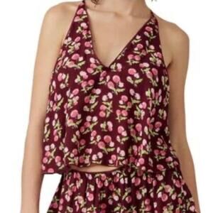 Free People Intimately Worth It Fruit Print Cami Tank Top Burgundy Wine Small